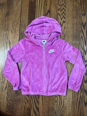 Vintage Y2K Nike Girls' Pink Velour Hooded Zip Sweatshirt SZ 6-7Y